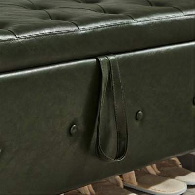 Banc avec repose-pieds 48 po avec rangement, banc pour chambre à coucher, salon, couloir, repose-pieds capitonné en similicuir capitonné vert foncé