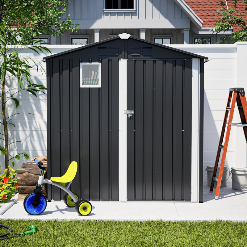 Remise de rangement noire en métal de 6 pi x 4 pi pour le patio et la pelouse, avec porte verrouillable, fenêtre transparente, beaucoup d'espace, assemblage rapide et facile de 6 pi 4 pi en acier