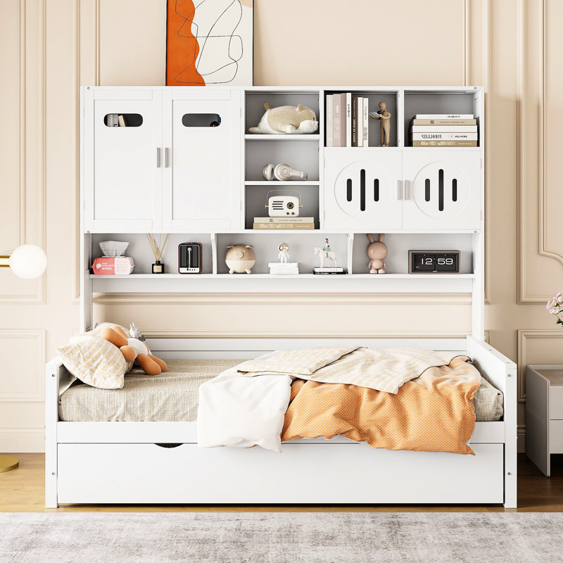 Lit de jour simple maximisant l'espace avec armoire et lit gigogne - Taille de choix pratique dans un cadre de lit de rangement en bois blanc