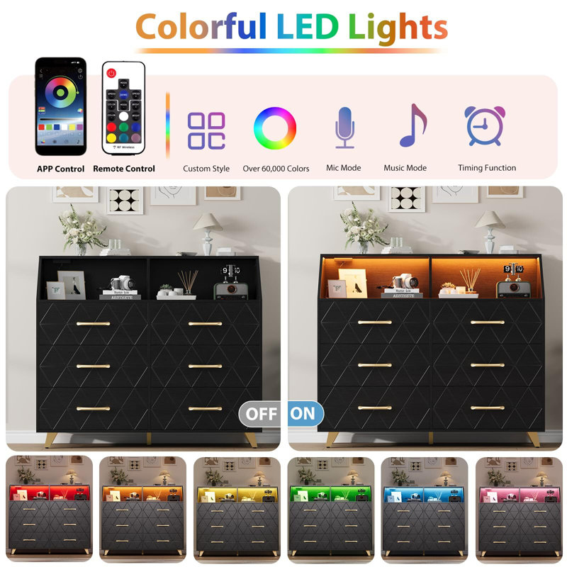 Commode 6 tiroirs pour chambre à coucher, avec station de charge et lumières DEL, Noir