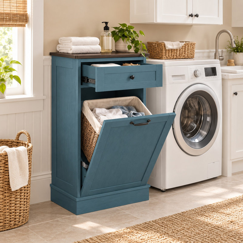 Armoire à poubelle inclinable, armoire à poubelle en bois pour la cuisine et la lessive - Bleu, Blue