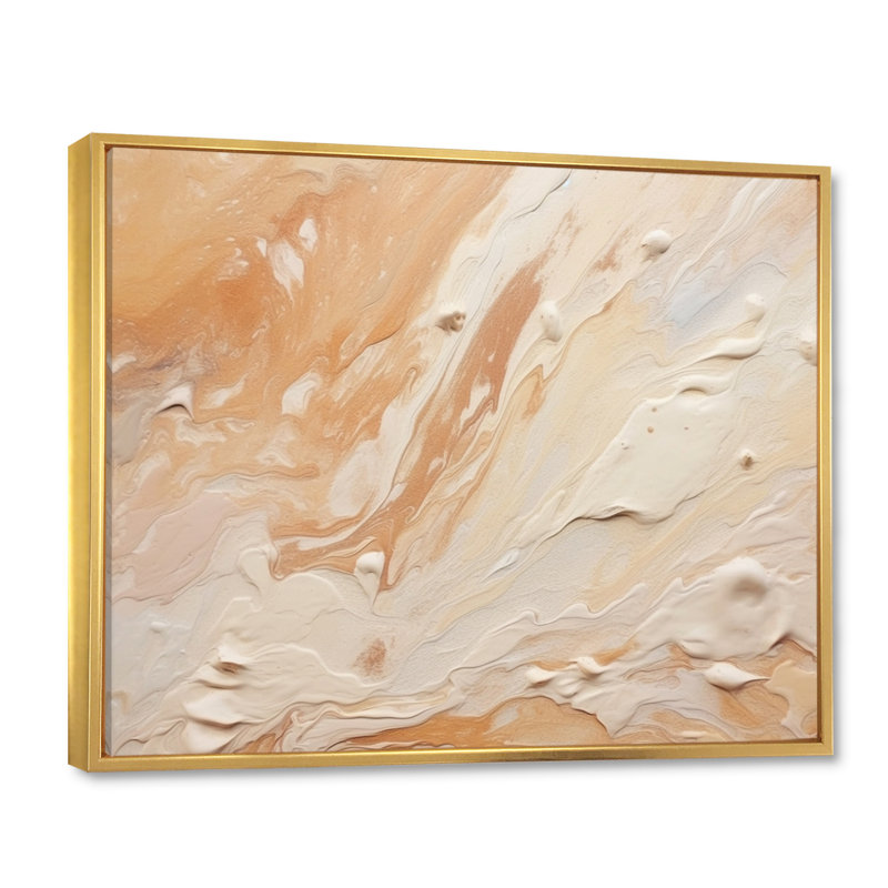 Crème marbrée Melody I - impression sur toile abstraite, Cadre flottant doré, H 24 po x l 32 po x P 1 po
