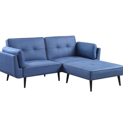 Tissu bleu et lit convertible bleu, structure intérieure en bois, bouton, 2 coussins, profondeur de siège de 54 po, plancher de 8 po réglable avec pieds en métal, housses de coussin amovibles, hauteur de 17 po, hauteur de dossier de 20 po