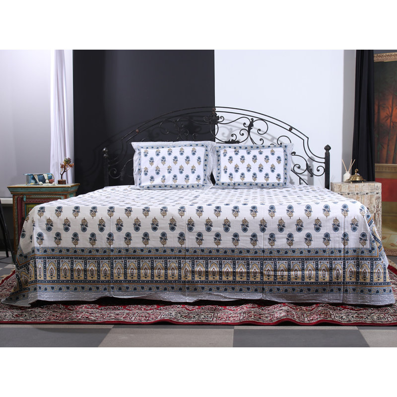 White Bagru Floral Handblock Printed Cotton King Size Bedsheet Set – Blue & Beige Indian Motif, 100% Cotton, 2 Pillow Covers, Artisan Bedding