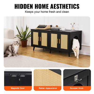 Cat Litter Box Enclosure with Rattan Decorated Doors