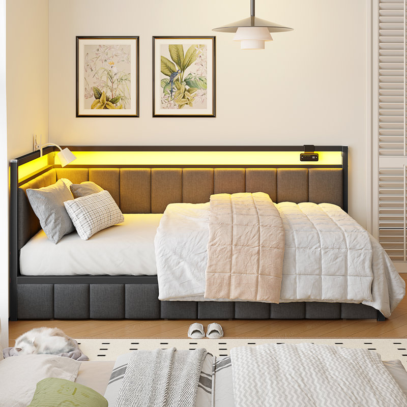 Corner Bed Frame With Led Light And Charging Station, Line Fabric Upholstered Bed With 2 Underbed Storage Drawers, Modern Daybed No Box Spring Needed/noise-free, Gray
