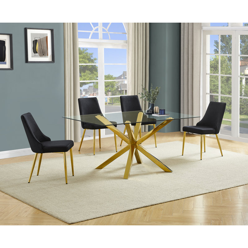 Ensemble de salle à manger en verre avec chaises d'appoint en velours plissé, 5, Noir, noir, noir, noir