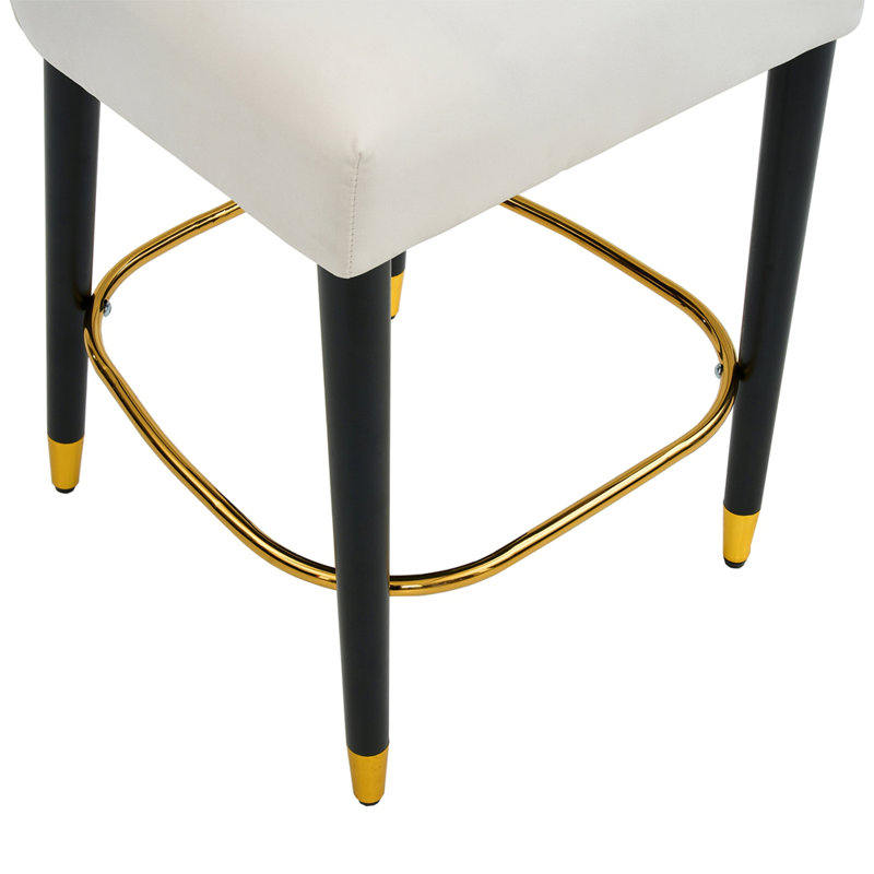 Tabouret de bar moderne en tissu avec repose-pieds circulaire au fini doré, design sophistiqué et luxueux, Blanc