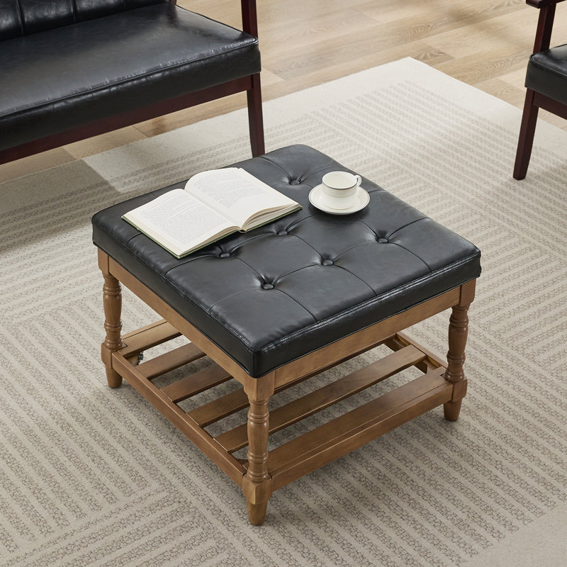 Gladis Faux Leather Coffee Table with Storage, Black Top/Dark Brown Base