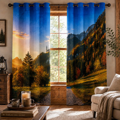 2Pcs Mountain Castle Landscape Curtains, Autumn Scenery Printed Sun Blocking, Vibrant Forest and Valley Scene Ring Top for Living Room Bedroom Decoration for Home Dector