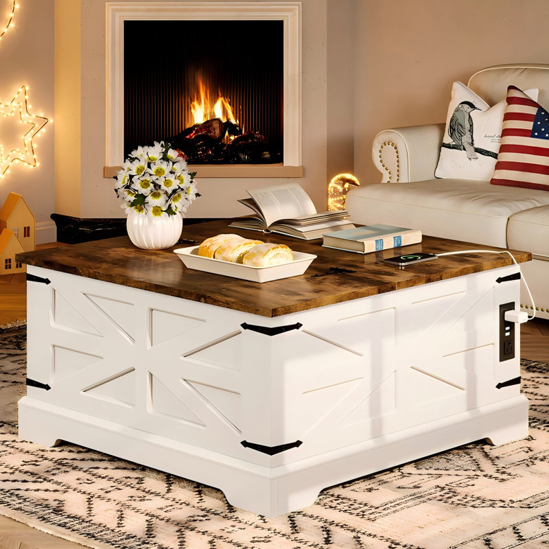 Table basse à plateau relevable Farmhouse, table centrale carrée en bois avec station de charge, Blanc