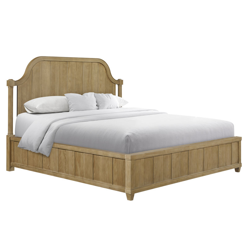 Grand lit à panneau grand avec placages et couleur cajou, tête de lit arquée et moulure subtile, bois massif et bois massif, profondeur de 89,35 po, largeur de 67,67 po, hauteur de 61,5 po