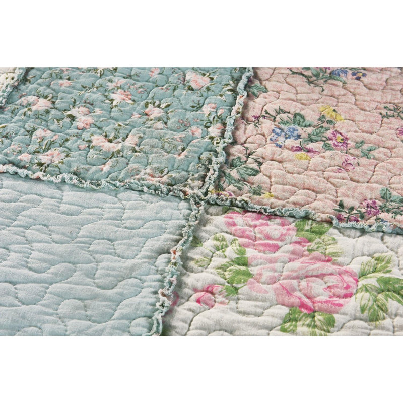 Floral Patchwork Blue and Pink Cotton Throw Blanket
