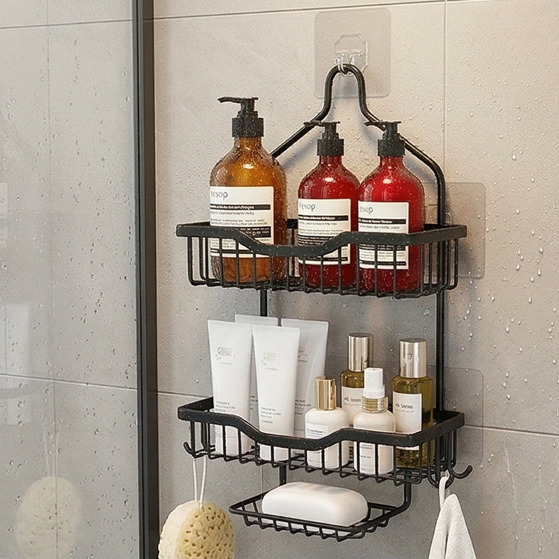 3-Tier Black Hanging Shower Caddy - Over-Showerhead Storage Rack with Non-Slip Design