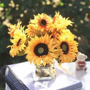 Silk Sunflowers Artificial Flowers 12 Large Fake Potted Flowers Sunflower Bouquet Decorations Faux Flowers in Wooden Vase, Rustic Home Decor Indoor
