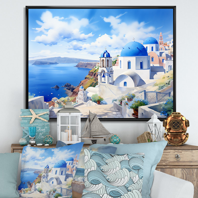 Grèce, paysage de Santorin III - Grèce, art mural, Cadre flottant noir, H 30 po x l 40 po x P 1,5 po