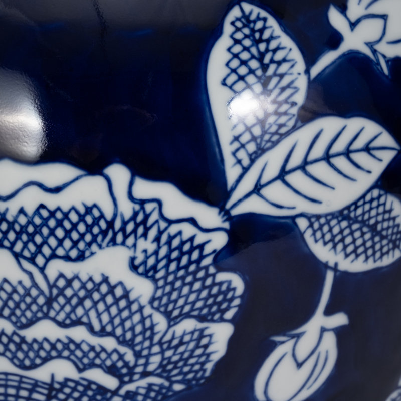 Chinoiserie Traditional Stoneware and Ceramic Lidded Jar with Decorative Motif and Classic Silhouette in Timeless Design for Display or Accent Placement in Living Spaces or Shelf Arrangements