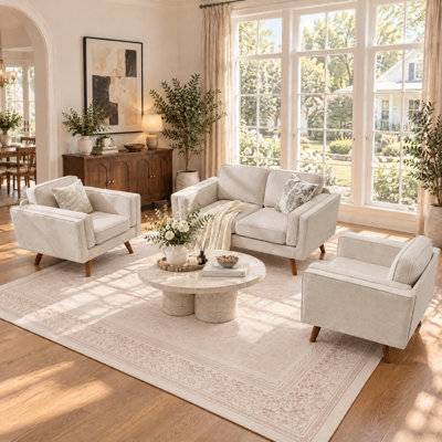 Mid-Century Modern 3-Piece Living Room Set, Loveseat & 2 Accent Chairs, Neutral Beige Upholstery With Tapered Wood Legs