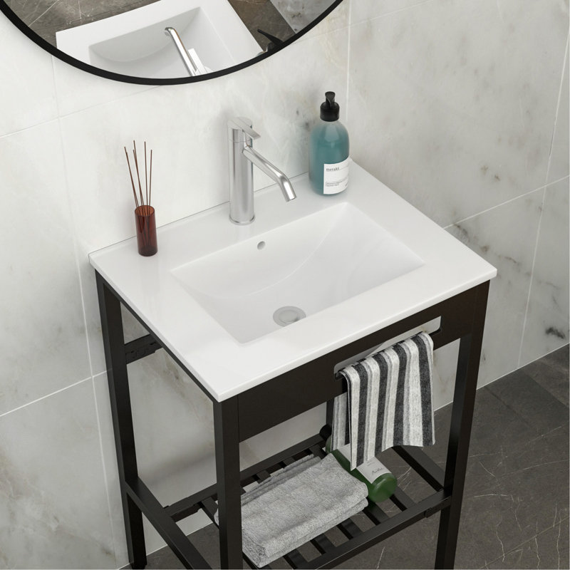 Console de salle de bain en céramique 24 "x 18" avec trop-plein et pieds noirs