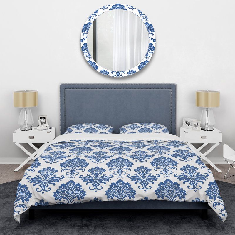 Blue White Timeless Damask Glamour Art I - Transitional Duvet Cover Set, King Duvet Cover + 2 King Shams
