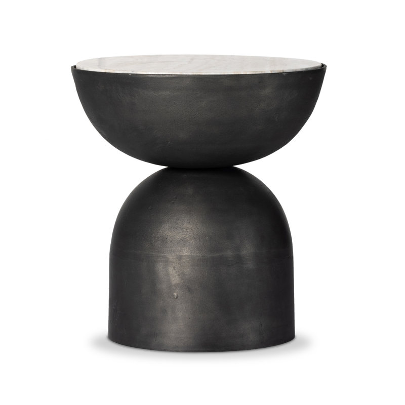 Corbett Pedestal End Table, Hammered Gray, Creamy Taupe Marble