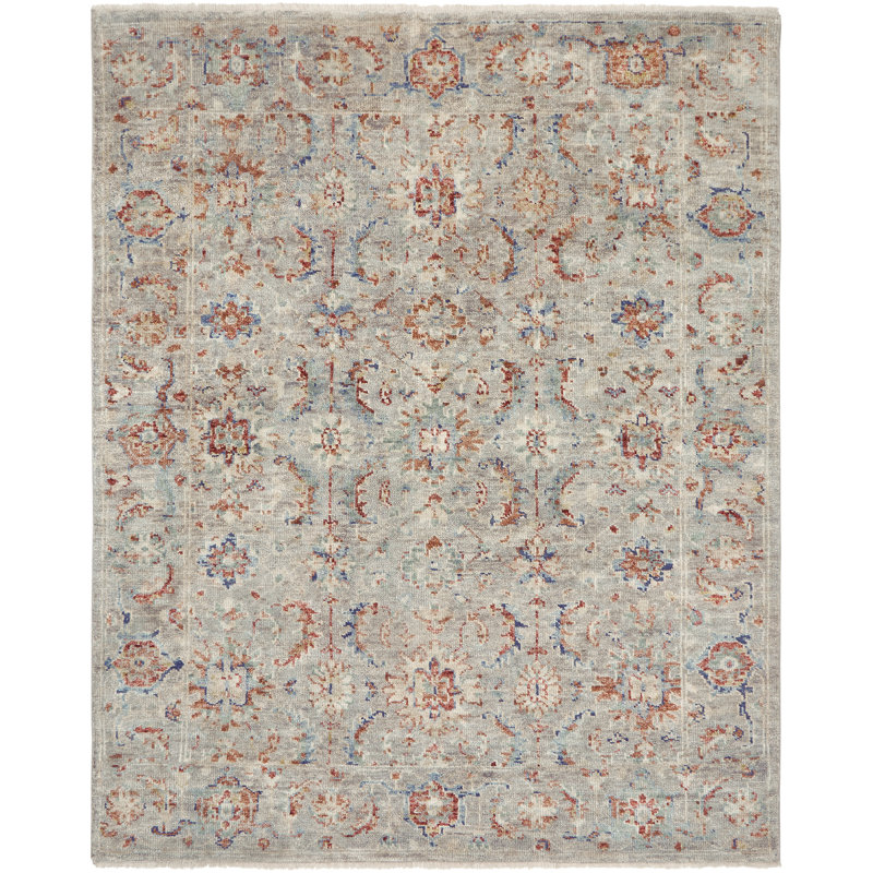 Tapis gris / rouille en laine noué à la main Oasis, Rectangle 8 pi x 10 pi
