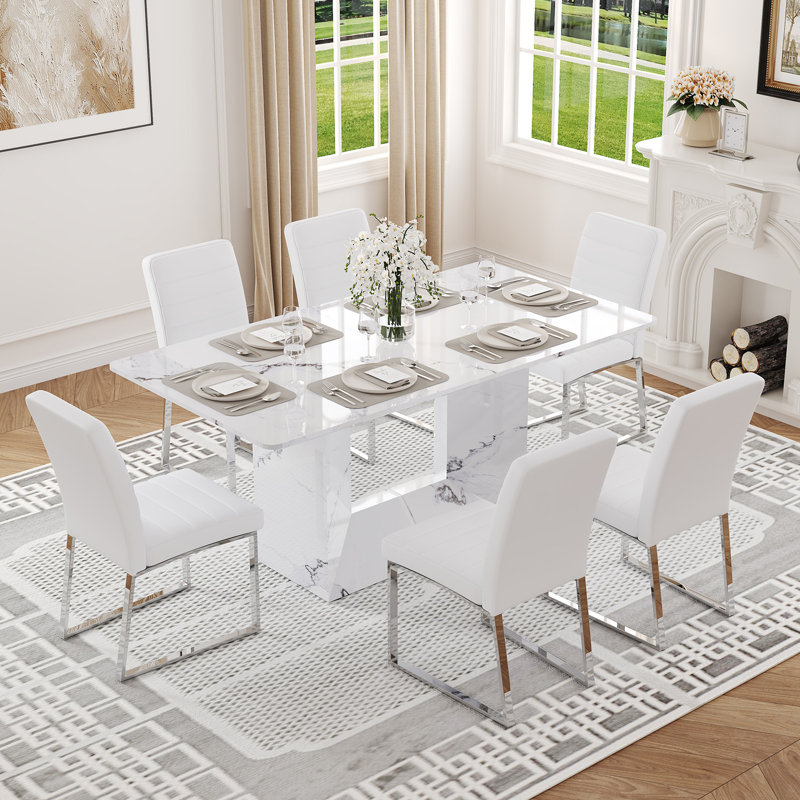 Ensemble de table de salle à manger 63 "en faux marbre avec chaises en simili cuir, pour 4 ou 6 personnes, Blanc
