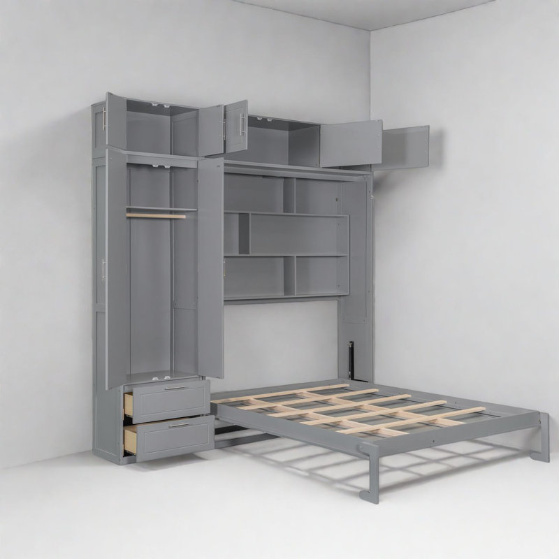 Modern Space-saving Queen Size Murphy Beds With Storage Cabinets, Mdf Construction