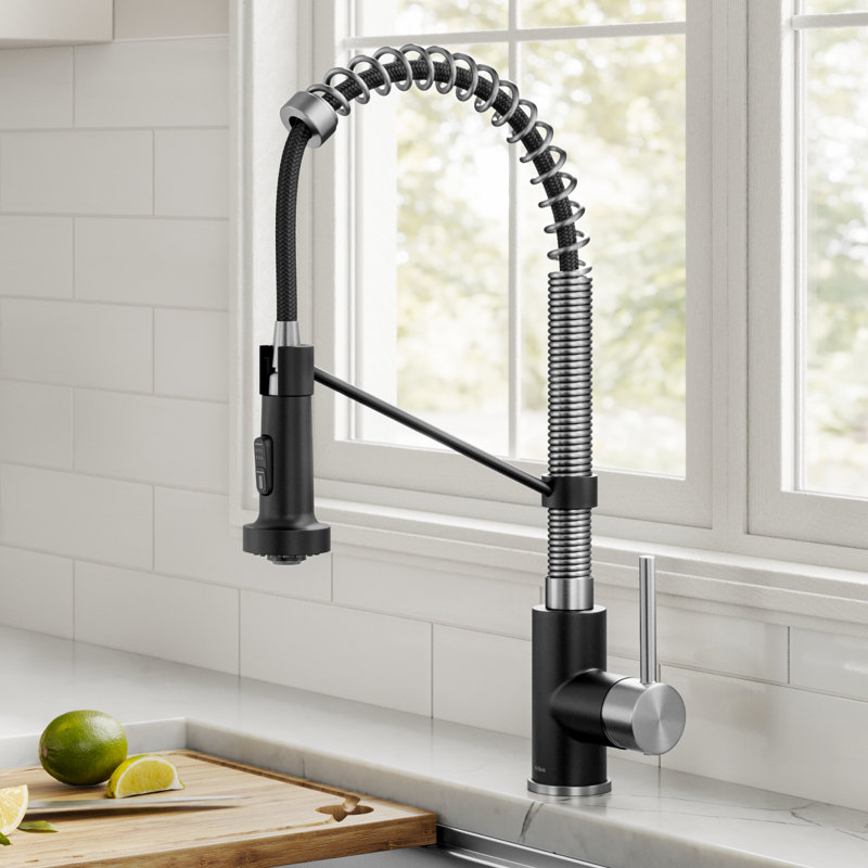 KRAUS Bolden Commercial Style 2-Function Single Handle Pull Down Kitchen Faucet, Spot Free Stainless Steel/Matte Black