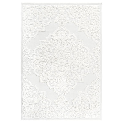Modern Design Step Collection High-Low Medallion Cream/Cream Indoor Runner Rug