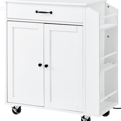 Kitchen Island Cart With Charging Station And Storage For Microwaves - 32x15x34 Inches, White , 1 Drawer, 2 Cabinet Doors, Adjustable Shelf, 3 Tier Side , 360 Degree Rotating Wheels Flexible Solutions