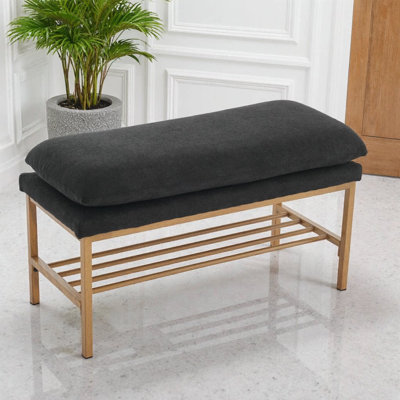 32" Linen Upholstered Bench with Open Storage Shelf, Metal Legs, 300 LB Capacity, Modern Bedroom & Entryway Accent