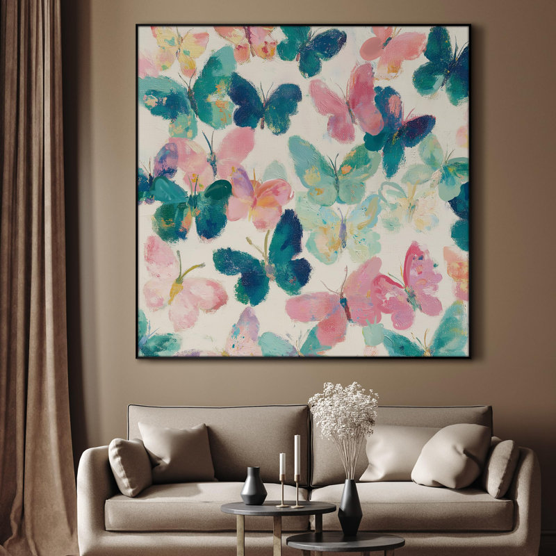 Très grande reproduction d'art sur toile - Motif papillon coloré, Illustration d'insecte pastel fantaisiste, décoration pour le salon ou la chambre à coucher - «Assemblage requis du cadre (cadre non fini)