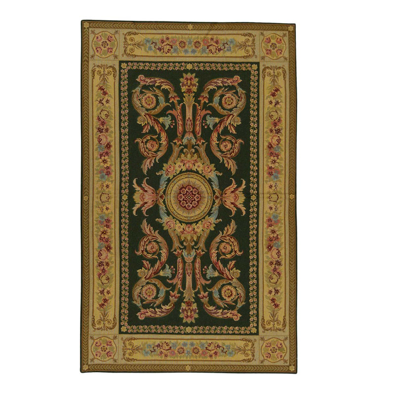 Tapis noué à la main de haute qualité en or / vert foncé / vin