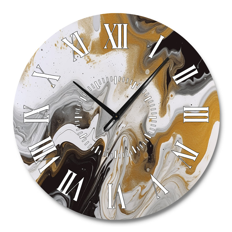 Horloge murale dorée et noire Marble Waves III - Fractals, Grand