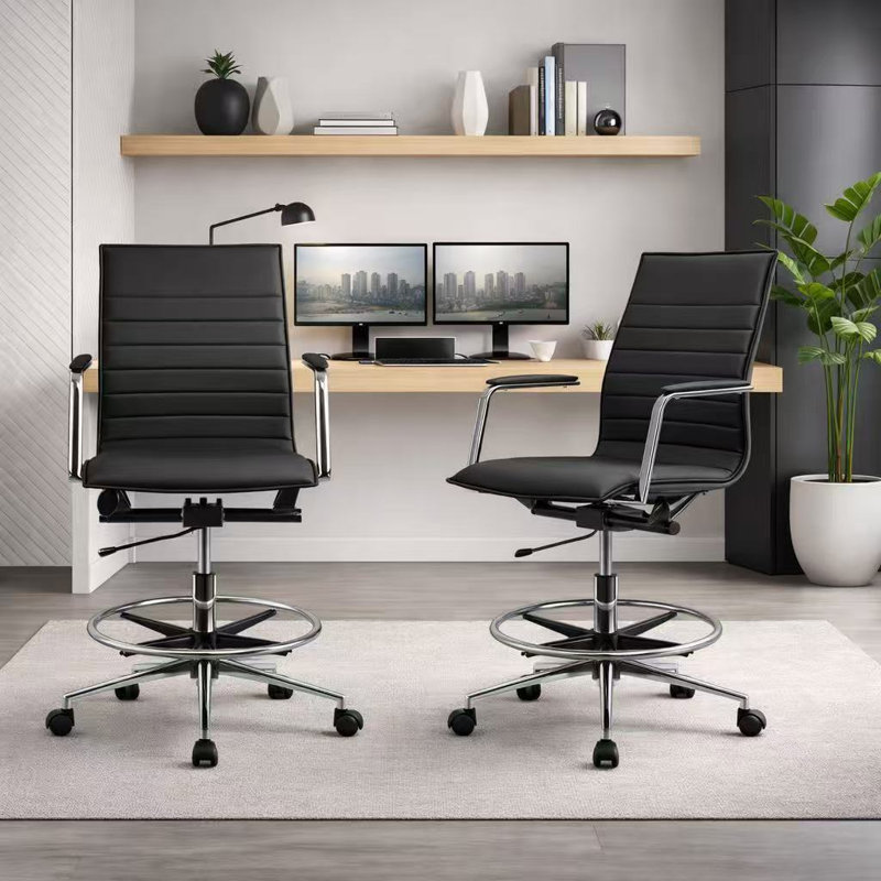 Set of 2 Modern Drafting Chair | Upholstered PU Leather Ribbed Mid Back with Tall Adjustable Base & Leg Rest Swivel, Home, Executive, Conference, Meetings, Armless, No Arms, With Arms