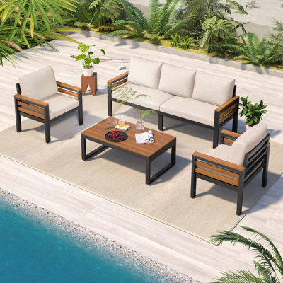 4-Piece Outdoor Furniture Sofa Set For 5 People With Acacia Wood Armrests, Patio Conversation Set With Removable Cushion And Solid Wood Coffee Table For Garden