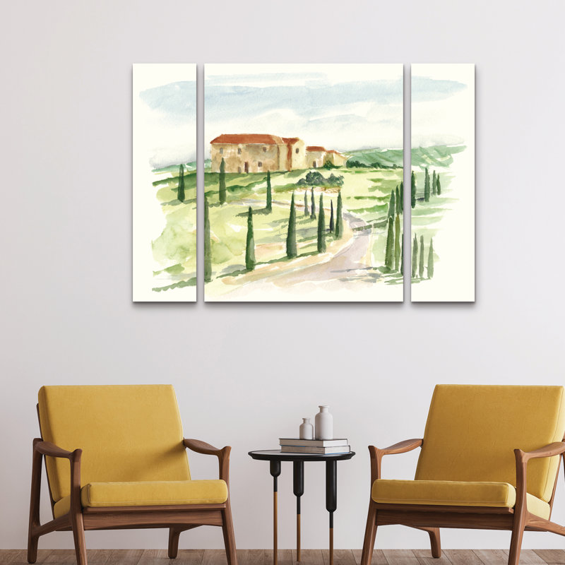 Ensemble de 3 panneaux - Ethan Harper «Watercolor Tuscan Villa I», art mural sur toile pour le salon, la chambre à coucher ou le bureau 