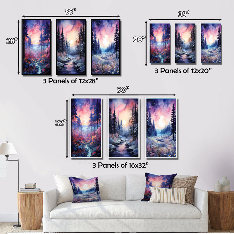 «Pine Tree Winter Twilight», 3 pièces sur toile, Toile tendue, H 32 po x l 48 po