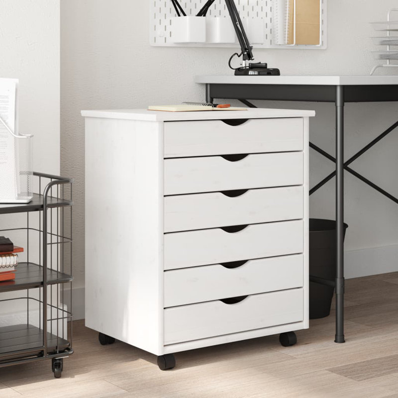 Commode à 6 tiroirs avec roulettes Ladehe Moss, pin massif, Blanc