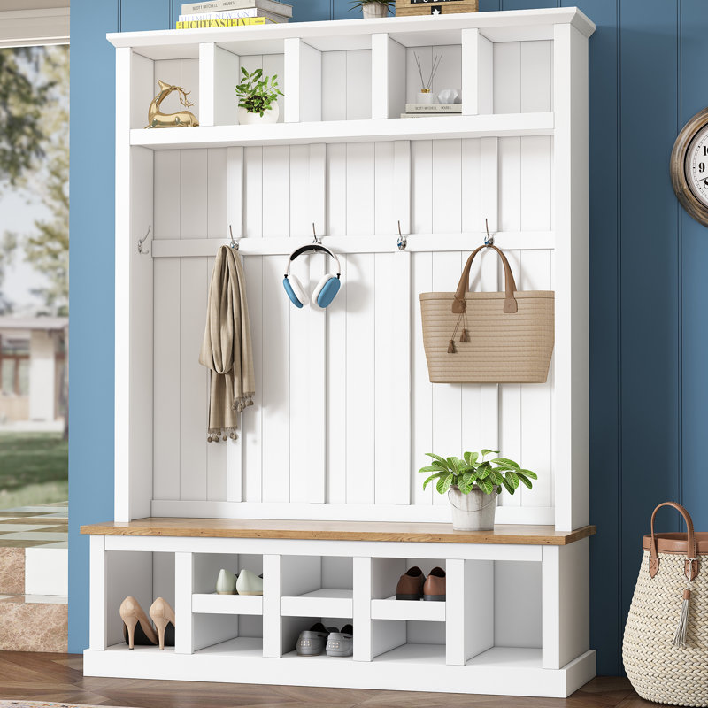 Arbre d'entrée en bois Farmhouse avec banc de rangement large, armoire à chaussures d'entrée avec 13 compartiments et 6 crochets, blanc