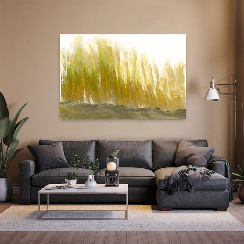 Soleil doré, prairie traditionnelle vibrante, paysage abstrait, art mural, H 60 po x l 40 po