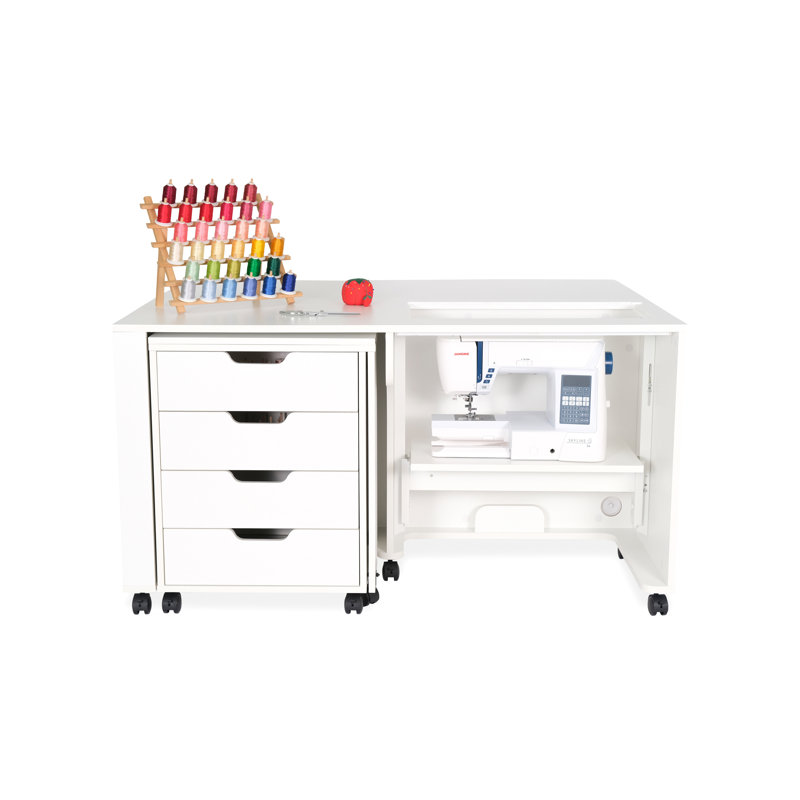 White Hydraulic Lift Sewing Cabinet with Storage and Ironing Station