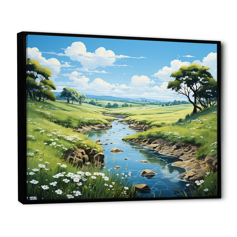 «Countryside River Reflections II», art mural sur toile, H 16 po x l 32 po x P 1 po, Cadre flottant noir