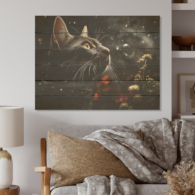 Abyssinien aventure, chat noir - Art mural en bois sur bois de pin naturel, H 10 po x l 20 po