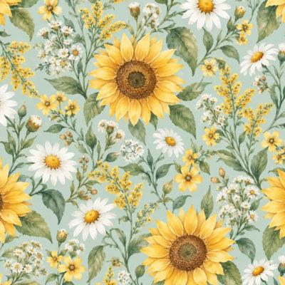 Papier peint adhésif vintage à motif floral botanique, feuilles de tournesol vertes et marguerites blanches. Décoration murale amovible et autocollante pour chambre, cuisine et placards. 61 cm x 300 cm.