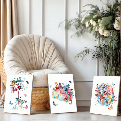 Ensemble de 3 affiches murales encadrées, aquarelles colorées représentant des neurones et des toiles. Décoration moderne abstraite florale et papillons pour salon, chambre, bureau et maison. Impressions d'art neuronal vibrantes.