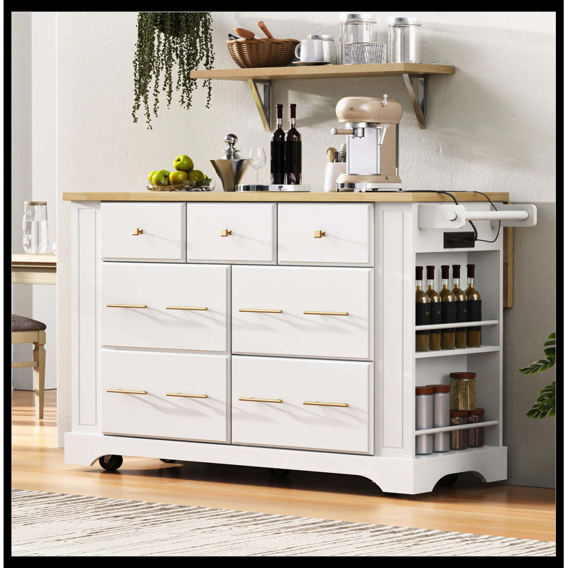 Kitchen Island With 6 Drawers, Pull Out Trash Can Storage, Drop Leaf & Power Outlet, Rolling Kitchen Island On 5 Wheels With 5 Open Racks, White