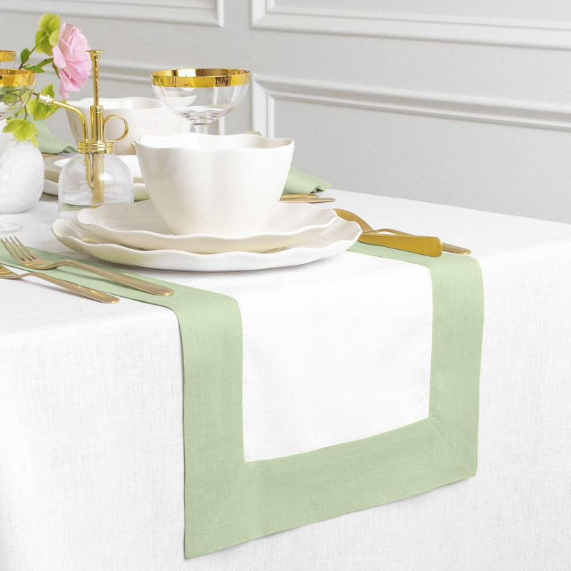 Contempo - 100% Pure Linen Table Runner, 72" x 14", Light Green/White