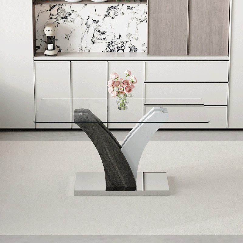 Table de salle à manger en verre trempé 4-6, plateau en verre rectangulaire de 63 po avec pieds en MDF en forme de Y, assurant une durabilité à long terme pour une utilisation quotidienne sans souci.